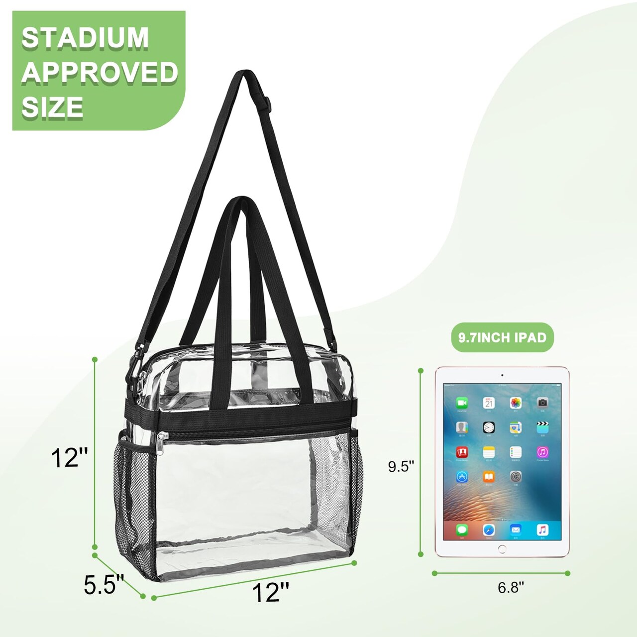 Clear Bag Stadium Approved 12x6x12 Clear Tote Bag with Removable Strap Clear Lunch Bag for Work Sports Festival (Black)